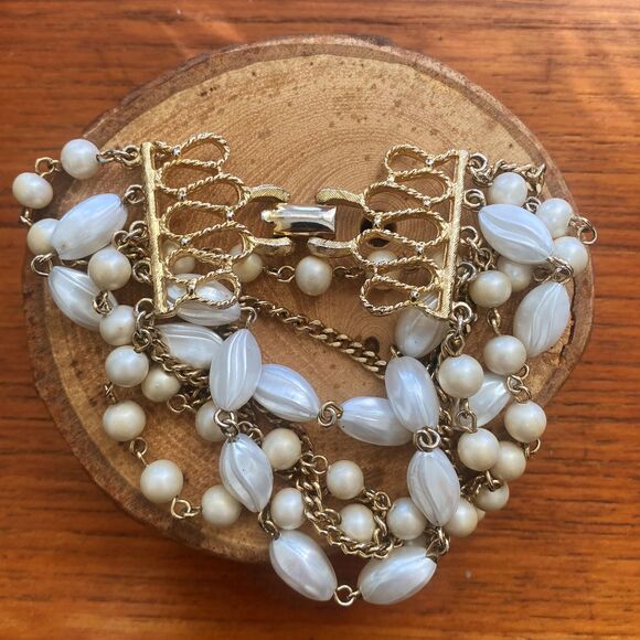 Vintage White Gold Pearl Bead Gold Chain Ornate Box Clasp Statement Bracelet - Picture 4 of 6